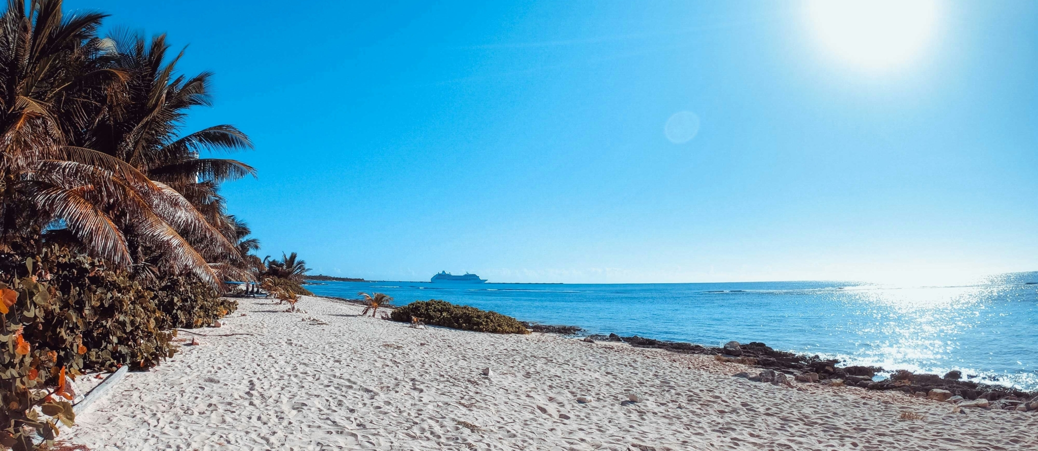 Wit zandstrand met palmbomen, blauwe zee en felle zon aan een tropische kust.